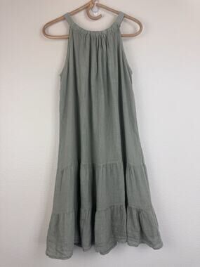 Bellambra Linen Lagenlook Tiered Knee Length Boho Tie Neck Dress Sage Green XL